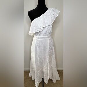 NWT Mink Pink white one shoulder ruffle eyelet midi dress side zipper Small